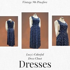 Vintage 90s Navy Blue Floral Pinafore Dress